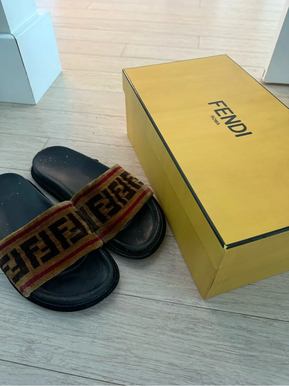 Fendi Brown Velvet FF Logo Slide Sandals with Red Stripe